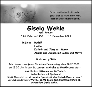Traueranzeige von Gisela Wehle von Flensburger Tageblatt