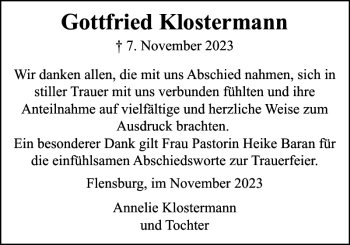 Traueranzeige von Gottfried Klostermann von Flensburger Tageblatt