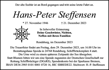 Traueranzeige von Hans-Peter Steffensen von Landeszeitung