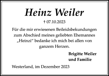 Traueranzeige von Heinz Weiler von Sylter Rundschau