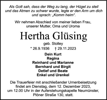 Traueranzeige von Hertha Glüsing von Landeszeitung