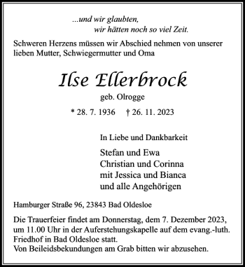 Traueranzeige von Ilse Ellerbrock von Stormarner Tageblatt