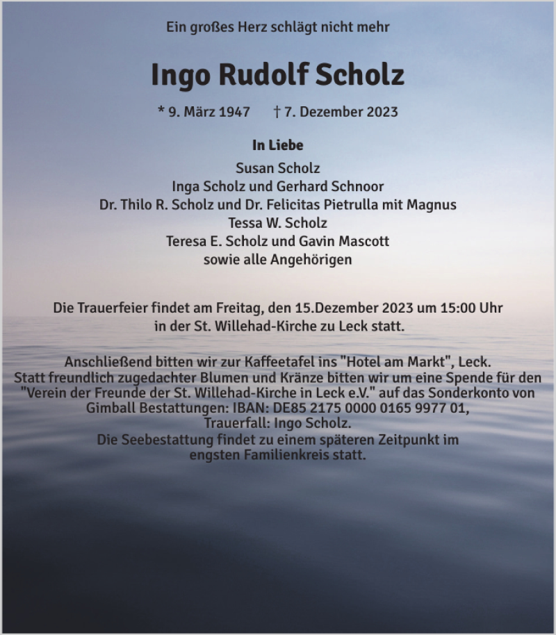  Traueranzeige für Ingo Rudolf Scholz vom 09.12.2023 aus Husumer Nachrichten