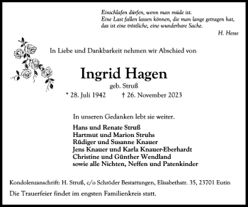 Traueranzeige von Ingrid Hagen von Ostholsteiner Anzeiger