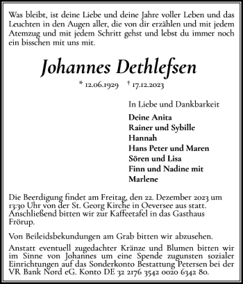 Traueranzeige von Johannes Dethlefsen von Flensburger Tageblatt