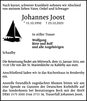 Traueranzeige von Johannes Joost von Schleswiger Nachrichten
