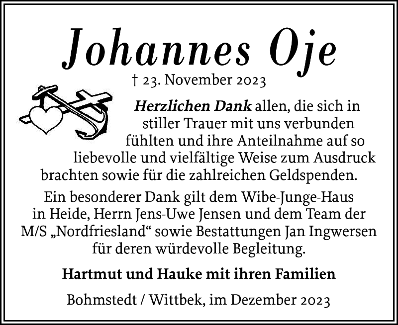  Traueranzeige für Johannes Oje vom 29.12.2023 aus Husumer Nachrichten