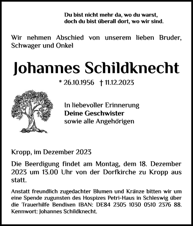  Traueranzeige für Johannes Schildknecht vom 14.12.2023 aus Landeszeitung