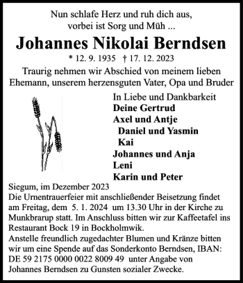 Traueranzeige von Johannes Nikolai Berndsen von Flensburger Tageblatt