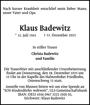 Traueranzeige von Klaus Badewitz von Pinneberger Tageblatt