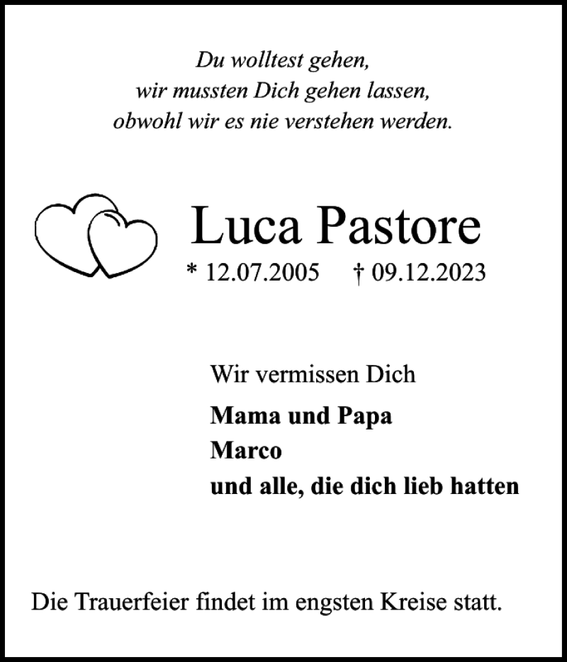  Traueranzeige für Luca Pastore vom 16.12.2023 aus Pinneberger Tageblatt