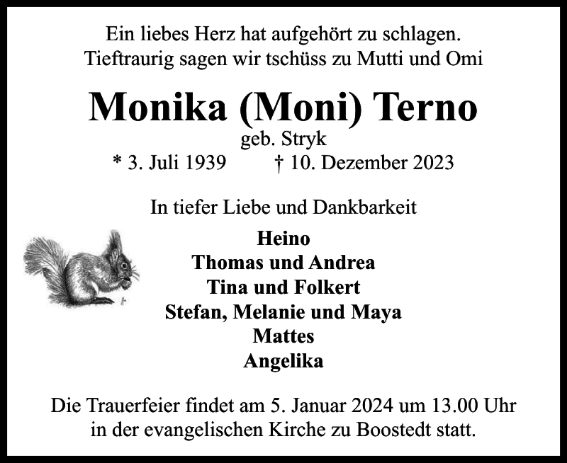  Traueranzeige für Monika Moni Terno vom 23.12.2023 aus Holsteinischer Courier