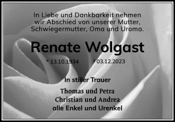 Traueranzeige von Renate Wolgast von Holsteinischer Courier