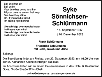 Traueranzeige von Syke Sönnichsen-Schlürmann von Flensburger Tageblatt