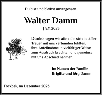 Traueranzeige von Walter Damm von Landeszeitung