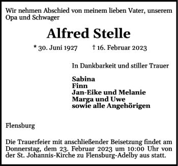 Traueranzeige von Alfred Stelle von Flensburger Tageblatt