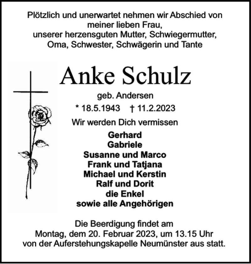  Traueranzeige für Anke Schulz vom 18.02.2023 aus Holsteinischer Courier