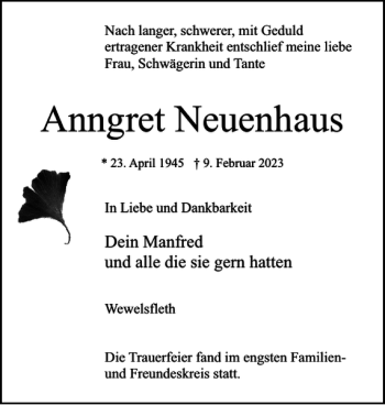 Traueranzeige von Anngret Neuenhaus von Norddeutsche Rundschau