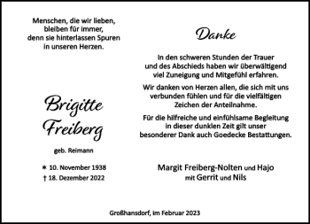Traueranzeige von Brigi e Freiberg von Stormarner Tageblatt