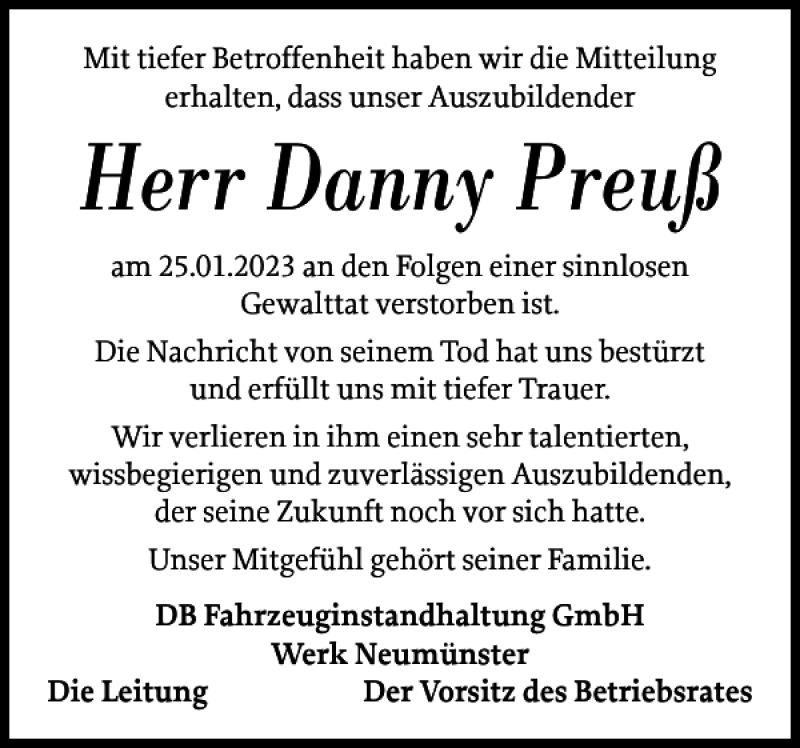  Traueranzeige für Danny Preuß vom 11.02.2023 aus Holsteinischer Courier