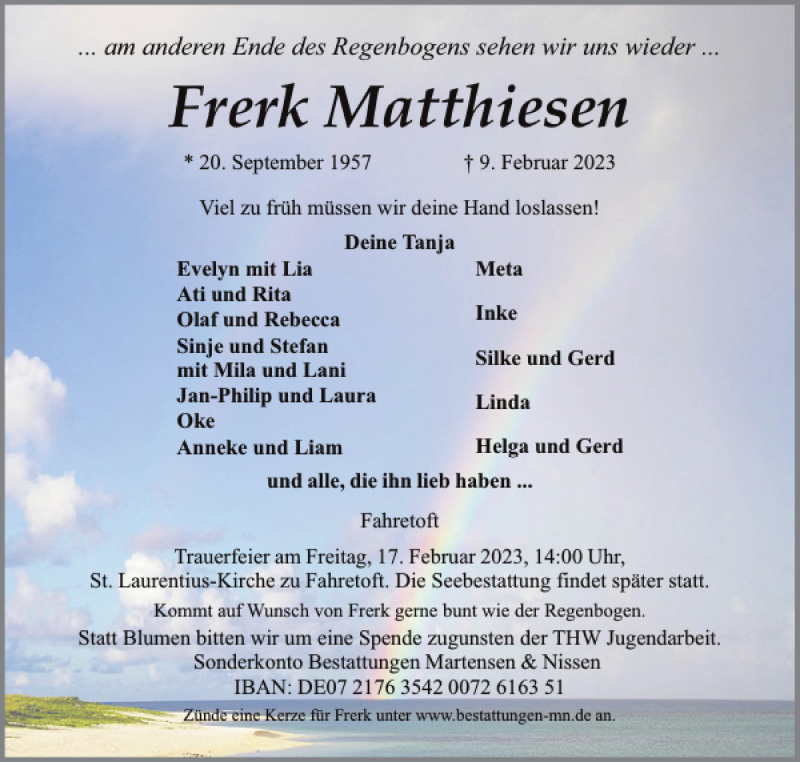  Traueranzeige für Frerk Matthiesen vom 14.02.2023 aus Nordfriesland Tageblatt