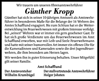 Traueranzeige von Günther Kropp von Flensburger Tageblatt