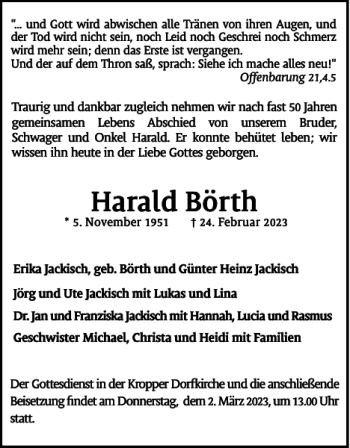 Traueranzeige von Harald Börth von Schleswiger Nachrichten