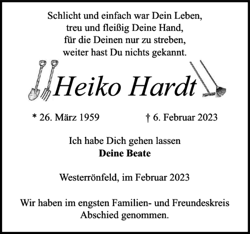 Traueranzeige für Heiko Hardt vom 18.02.2023 aus Landeszeitung