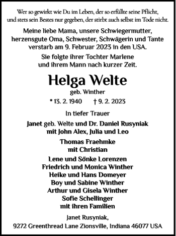 Traueranzeige von Helga Welte von Der Insel-Bote