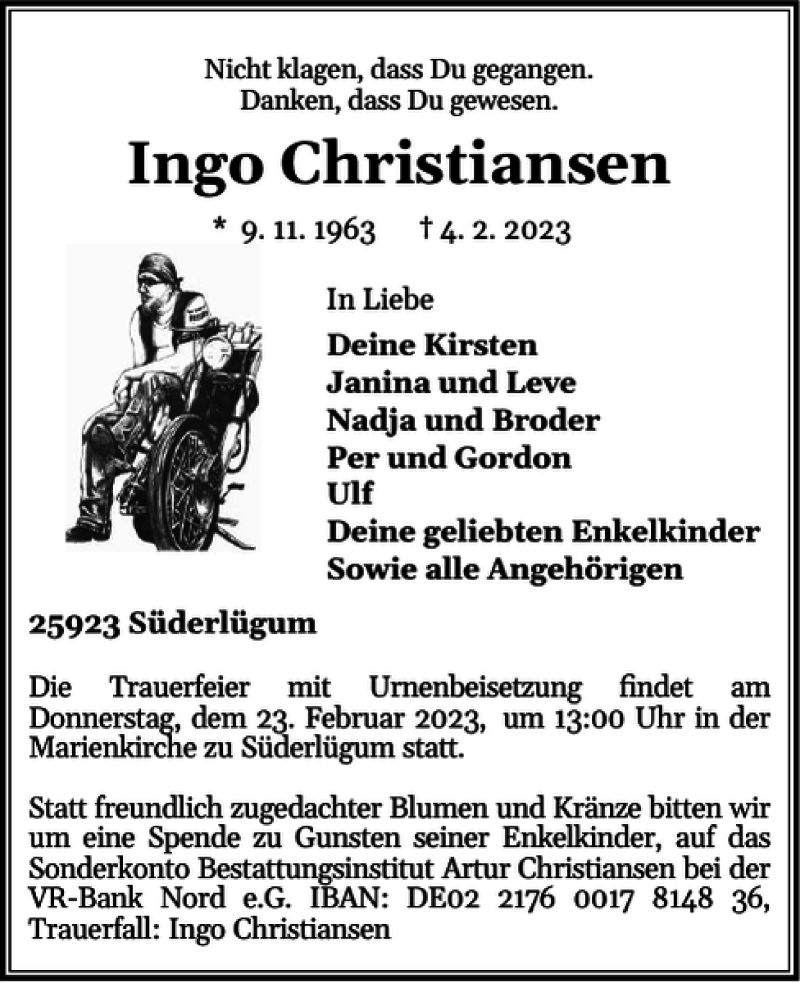  Traueranzeige für Ingo Christiansen vom 11.02.2023 aus Nordfriesland Tageblatt