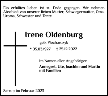 Traueranzeige von Irene Oldenburg von Flensburger Tageblatt