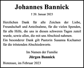Traueranzeige von Johannes Bannick von Eckernförder Zeitung