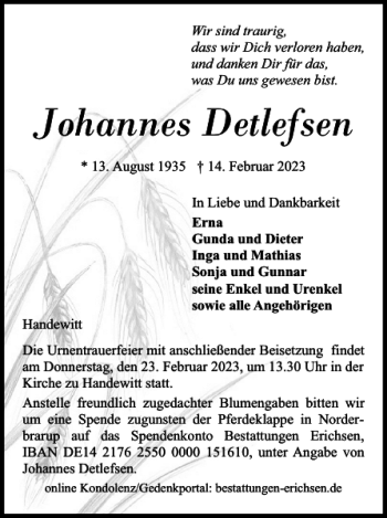 Traueranzeige von Johannes Detlefsen von Flensburger Tageblatt