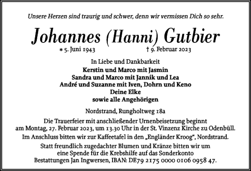  Traueranzeige für Johannes Gutbier vom 16.02.2023 aus Husumer Nachrichten