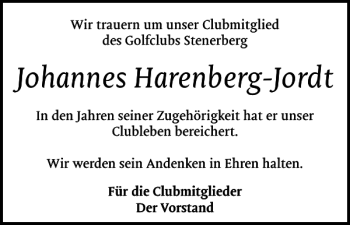 Traueranzeige von Johannes Harenberg-Jordt von Schlei-Bote