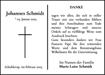 Traueranzeige von Johannes Schmidt von Flensburger Tageblatt