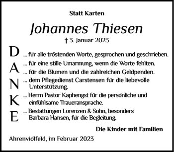 Traueranzeige von Johannes Thiesen von Husumer Nachrichten