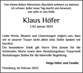 Traueranzeige von Klaus Höfer von Flensburger Tageblatt
