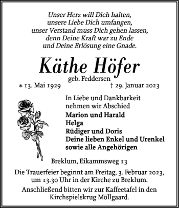 Traueranzeige von Käthe Höfer von Husumer Nachrichten
