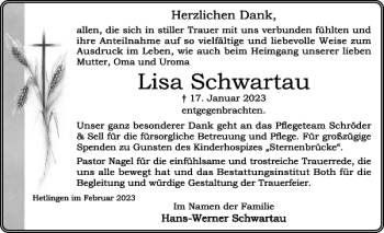 Traueranzeige von Lisa Schwartau von Wedel-Schulauer Tageblatt