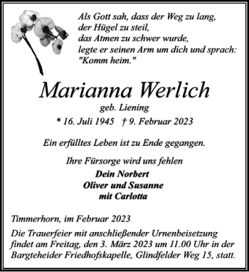 Traueranzeige von Marianna Werlich von Stormarner Tageblatt