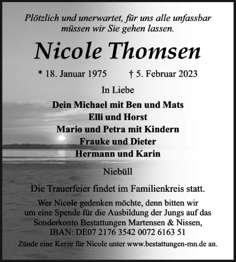  Traueranzeige für Nicole Thomsen vom 08.02.2023 aus Nordfriesland Tageblatt