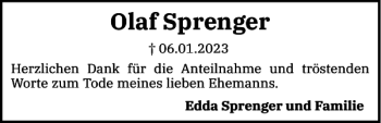 Traueranzeige von Olaf Sprenger von Norddeutsche Rundschau