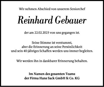 Traueranzeige von Reinhard Gebauer von Flensburger Tageblatt