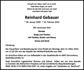 Traueranzeige von Reinhard Gebauer von Flensburger Tageblatt
