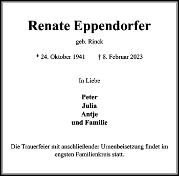 Traueranzeige von Renate Eppendorfer von Stormarner Tageblatt