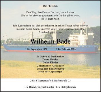 Traueranzeige von Wilhelm Bade von Landeszeitung