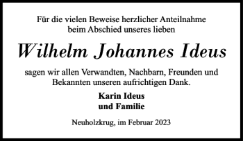 Traueranzeige von Wilhelm Johannes Ideus von Flensburger Tageblatt