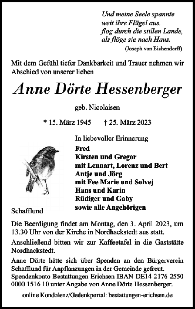  Traueranzeige für Anne Dörte Hessenberger vom 28.03.2023 aus Flensburger Tageblatt