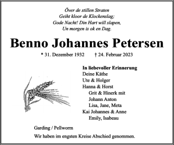 Traueranzeige von Benno Johannes Petersen von Husumer Nachrichten